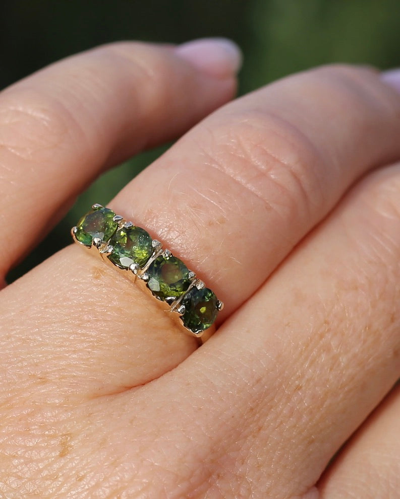 1.75ct Four Stone Natural Green Tourmaline Ring, 9ct Yellow Gold, size N1/2 or just over 6.75, 2.37g
