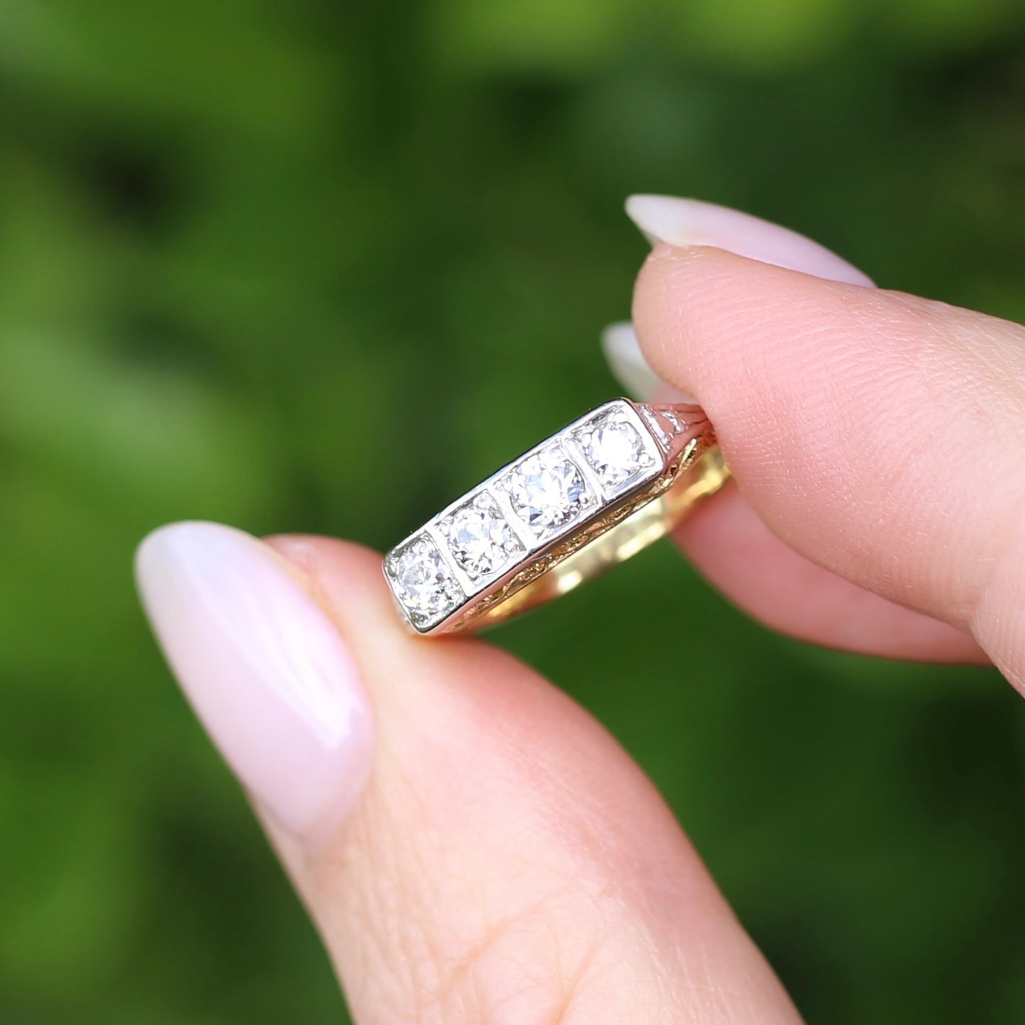 1930s 4 Stone Transitional Cut Diamond Mixed Metal Ring, 18ct Yellow Gold & Platinum, size M or just bigger than 6