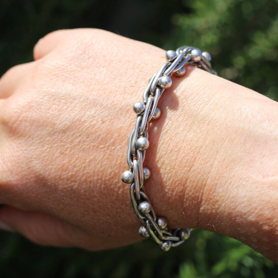 Chunky Silver Bracelet with Overlapping Loops and Dot Ball Detail, 45.3g