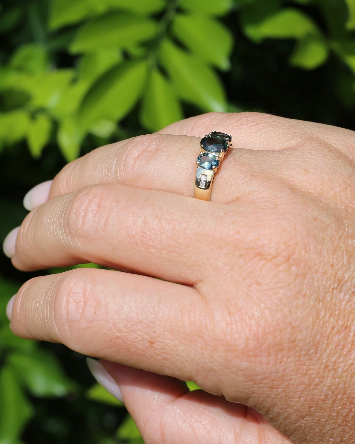 2.1ct Parti Sapphire Trilogy with Channel Set Diamonds, in Vintage 9ct Yellow Gold Ring, size O or 7.25