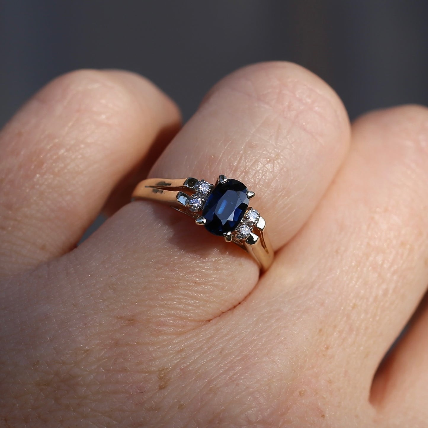 Oval Natural Blue Sapphire with Diamonds, Art Deco Feel Ring, 14ct Yellow Gold, size N or 6.75