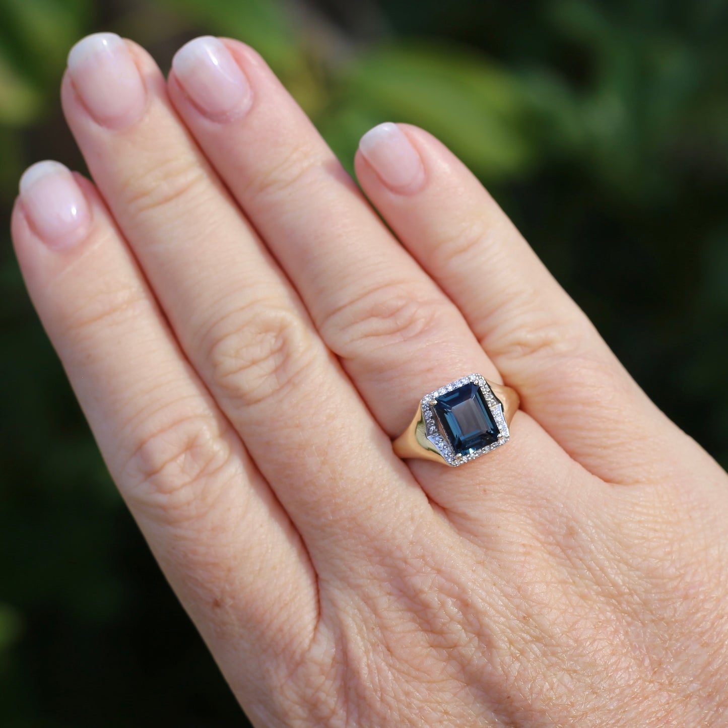 Emerald Cut London Blue Topaz Signet Ring With Diamond Halo, size N or 6.75