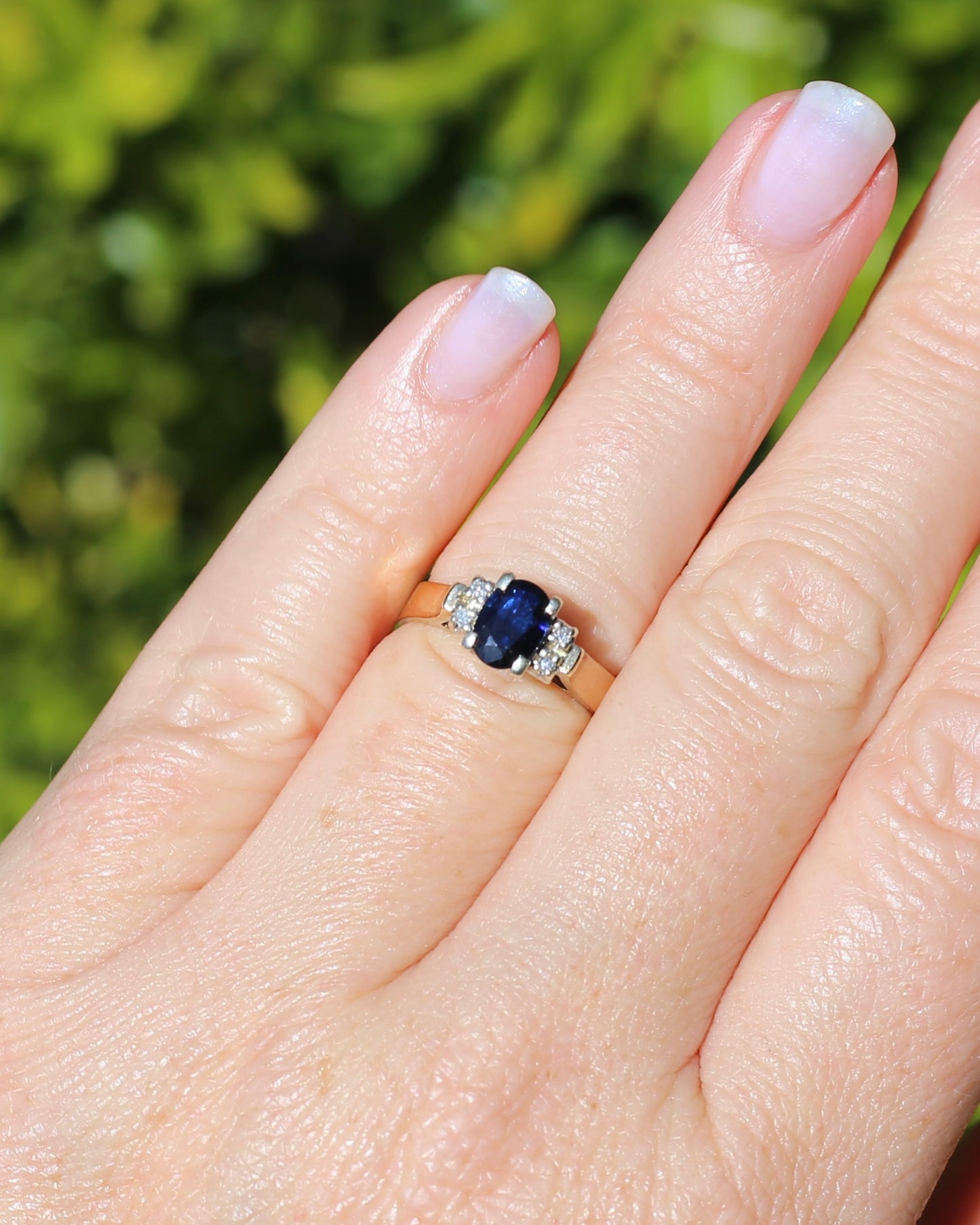 Circa 1970s Natural Sapphire and Diamond Ring, 9ct Yellow and White Gold, size M or 6.25, 4.19g
