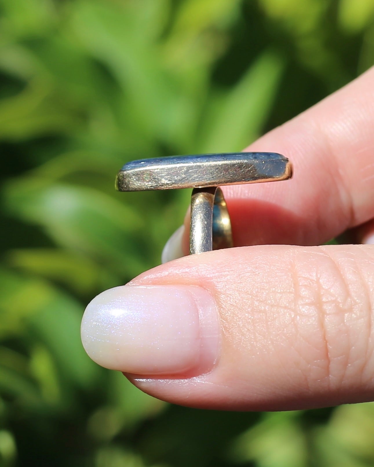 Rustic Freeform Labradorite Cabochon in Bezel Setting, 9ct Yellow Gold, size X1/2 or 11.75