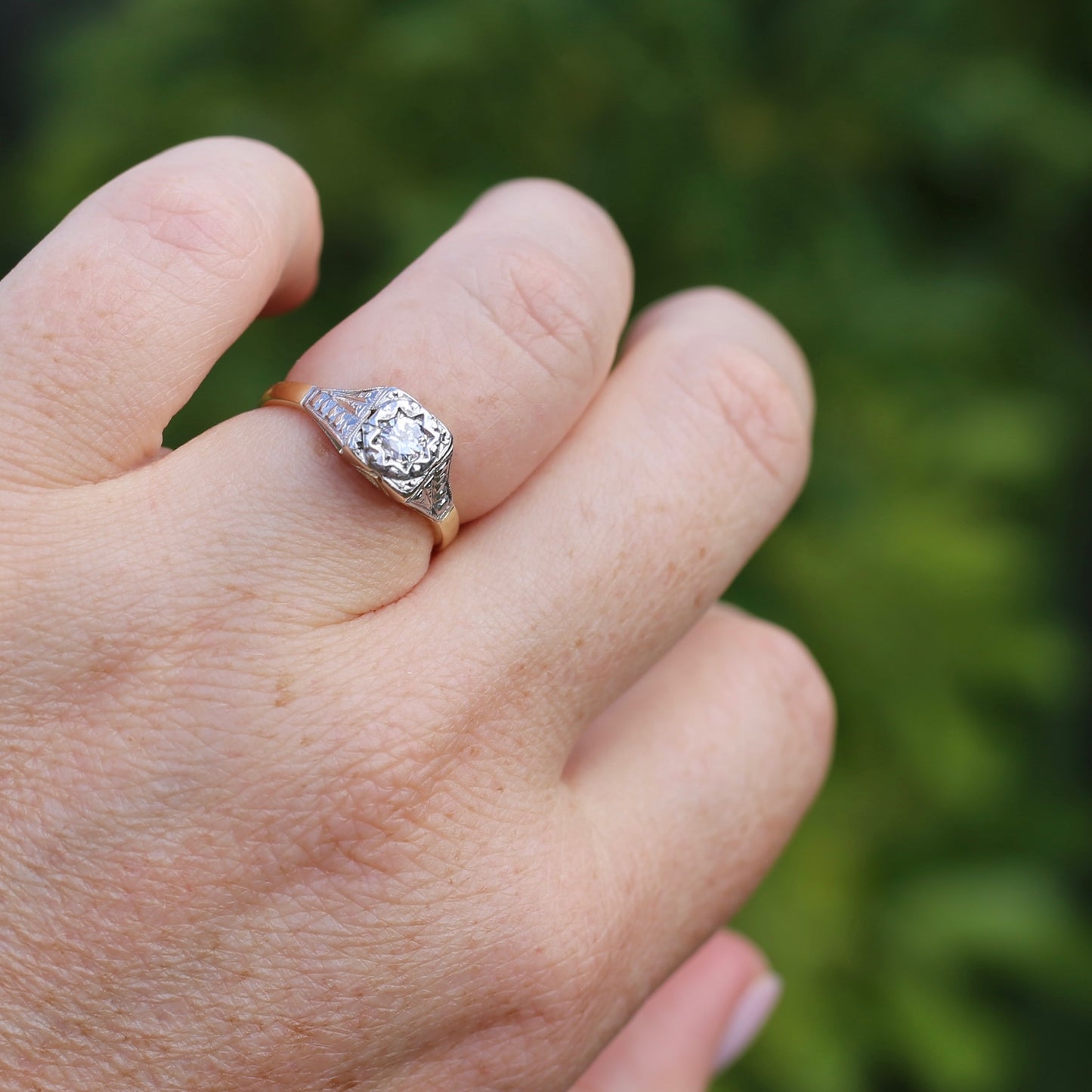 1930s Art Deco Inspired Platinum and 18ct Gold Solitaire Ring, size N or almost 6.75