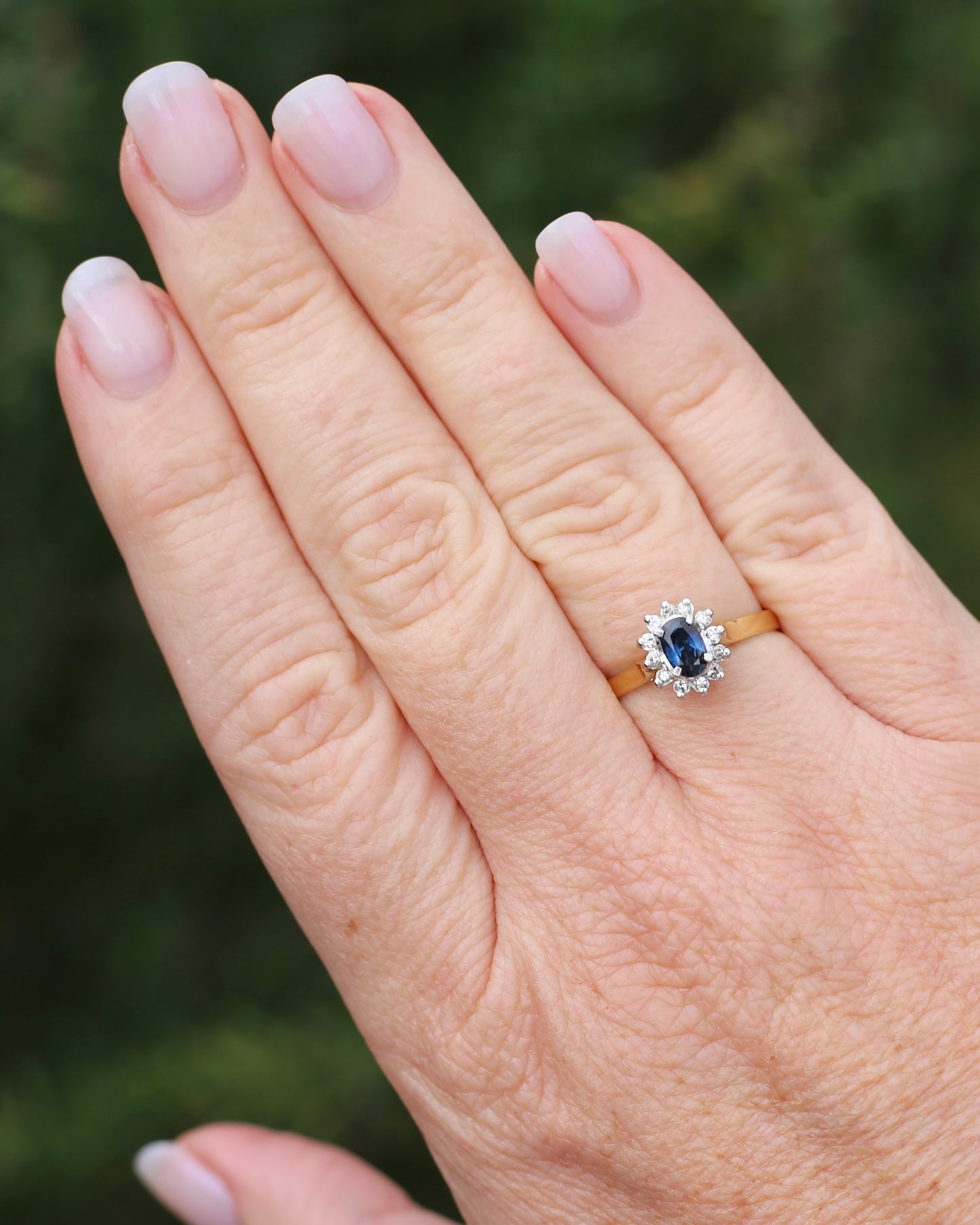 Natural Sapphire and Diamond Halo, 18ct White and Yellow Gold, size R or just over 8.5, 3,15g