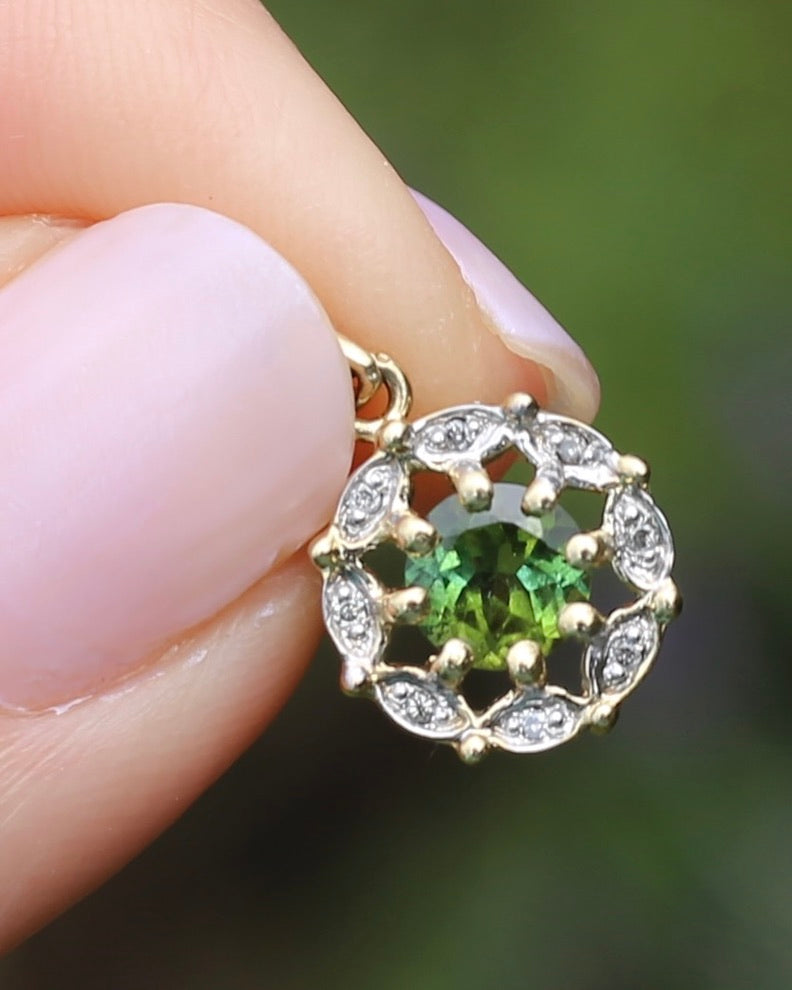 Vintage 0.7ct Green Tourmaline and Diamond Pendant, 9ct Yellow Gold, 1.15g