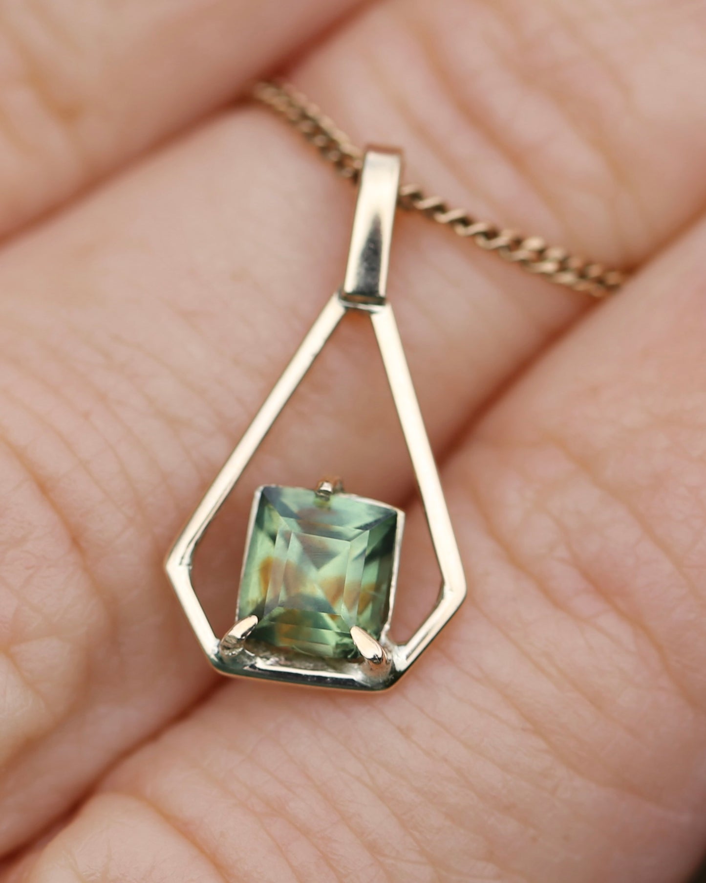 Modified Carre Cut Unheated Green Natural Sapphire in Handmade Vintage Pendant, 9ct Yellow Gold, 0.78g