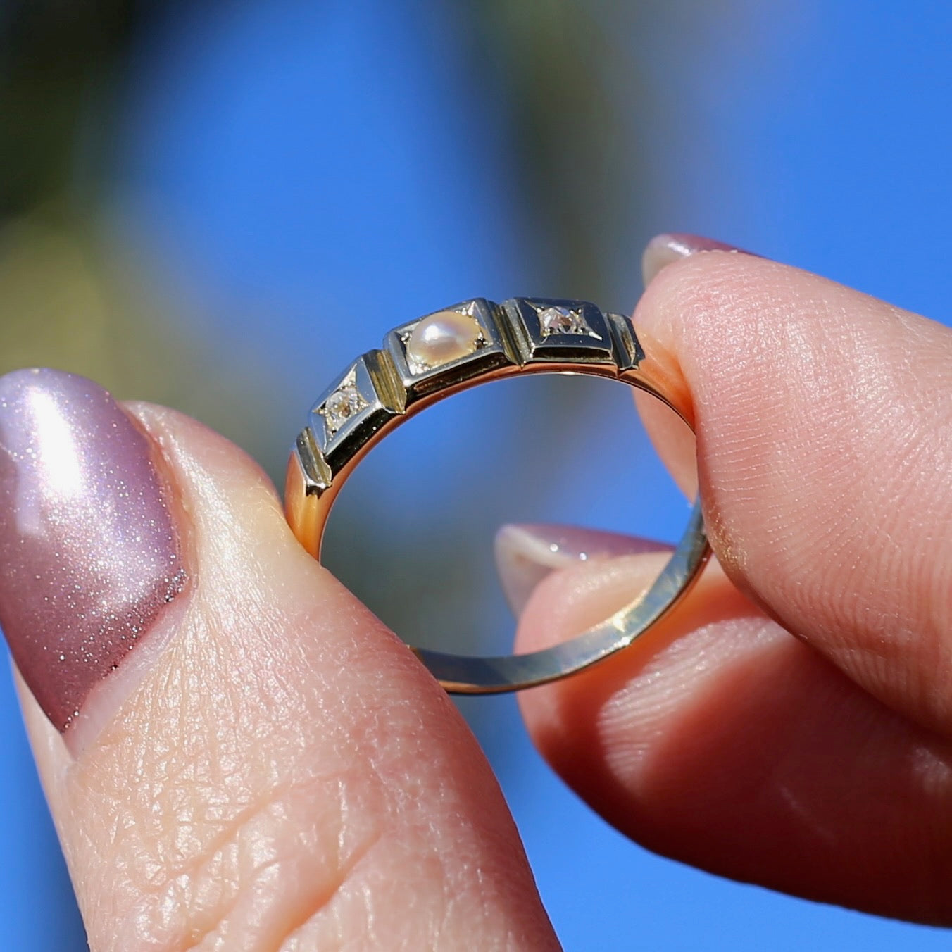 Antique Pearl and Old Cut Diamond Set Trilogy Ring, 18ct Yellow Gold, size N1/2 or 7