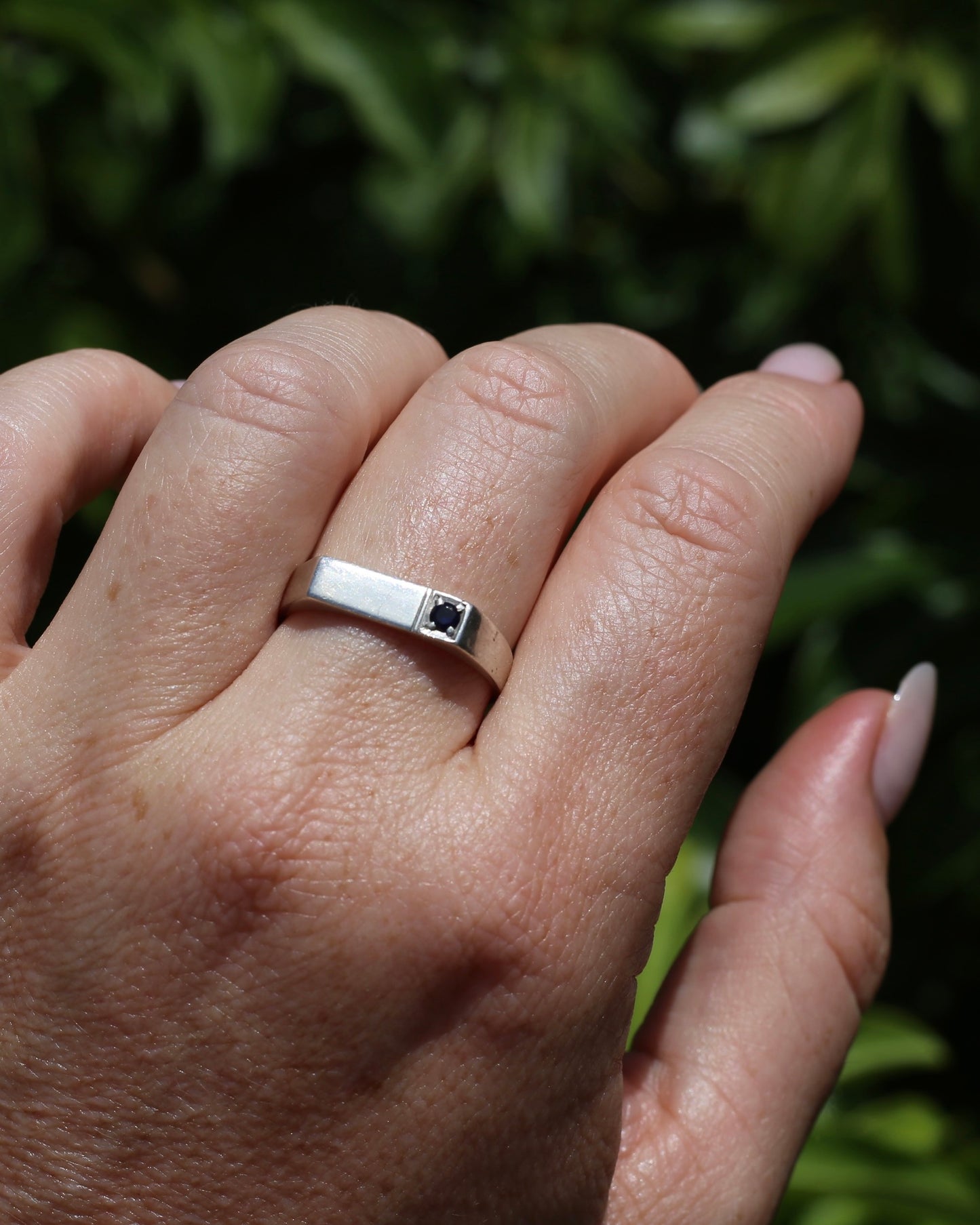 Narrow Silver Signet Ring with Sapphire, Sterling Silver, size 10.5 or V, 3.9g