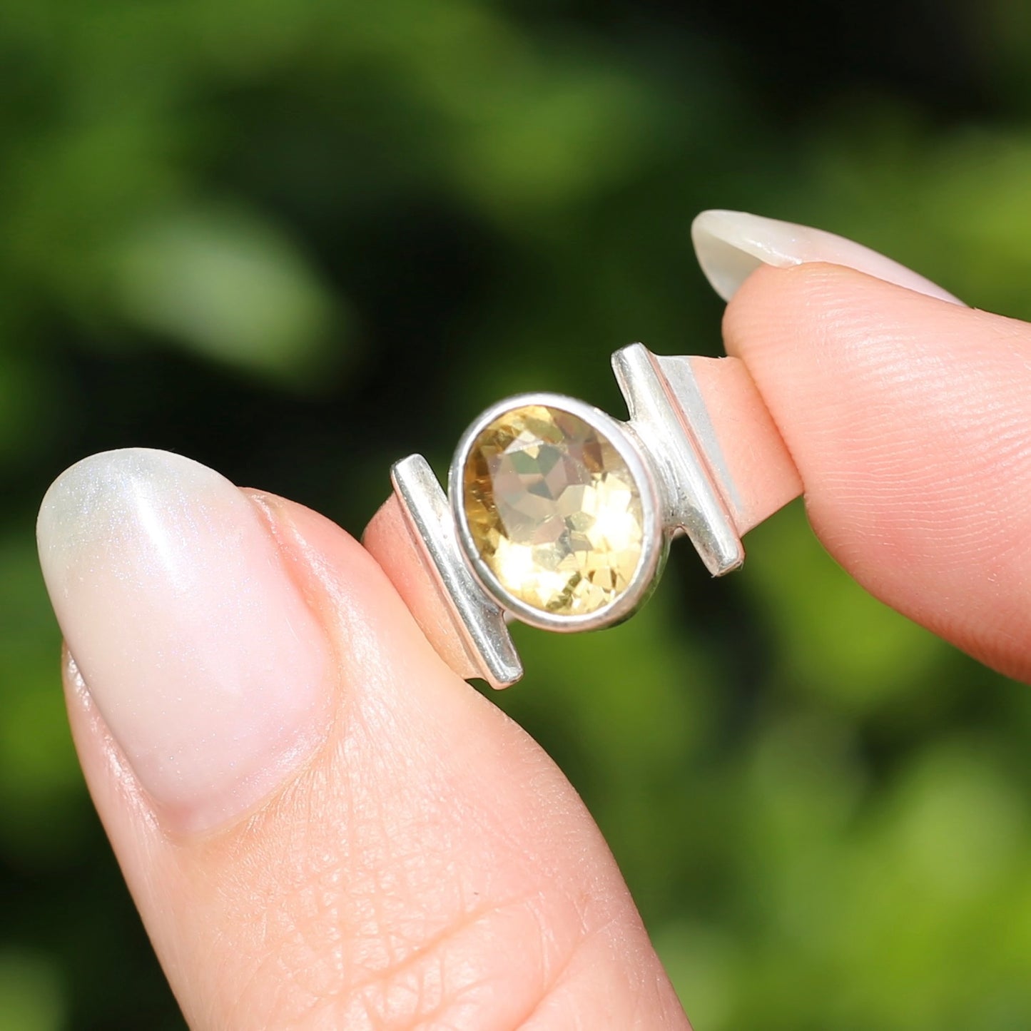 Bezel Set Oval Citrine Ring with Bar Shoulders, Sterling Silver, fits like size R