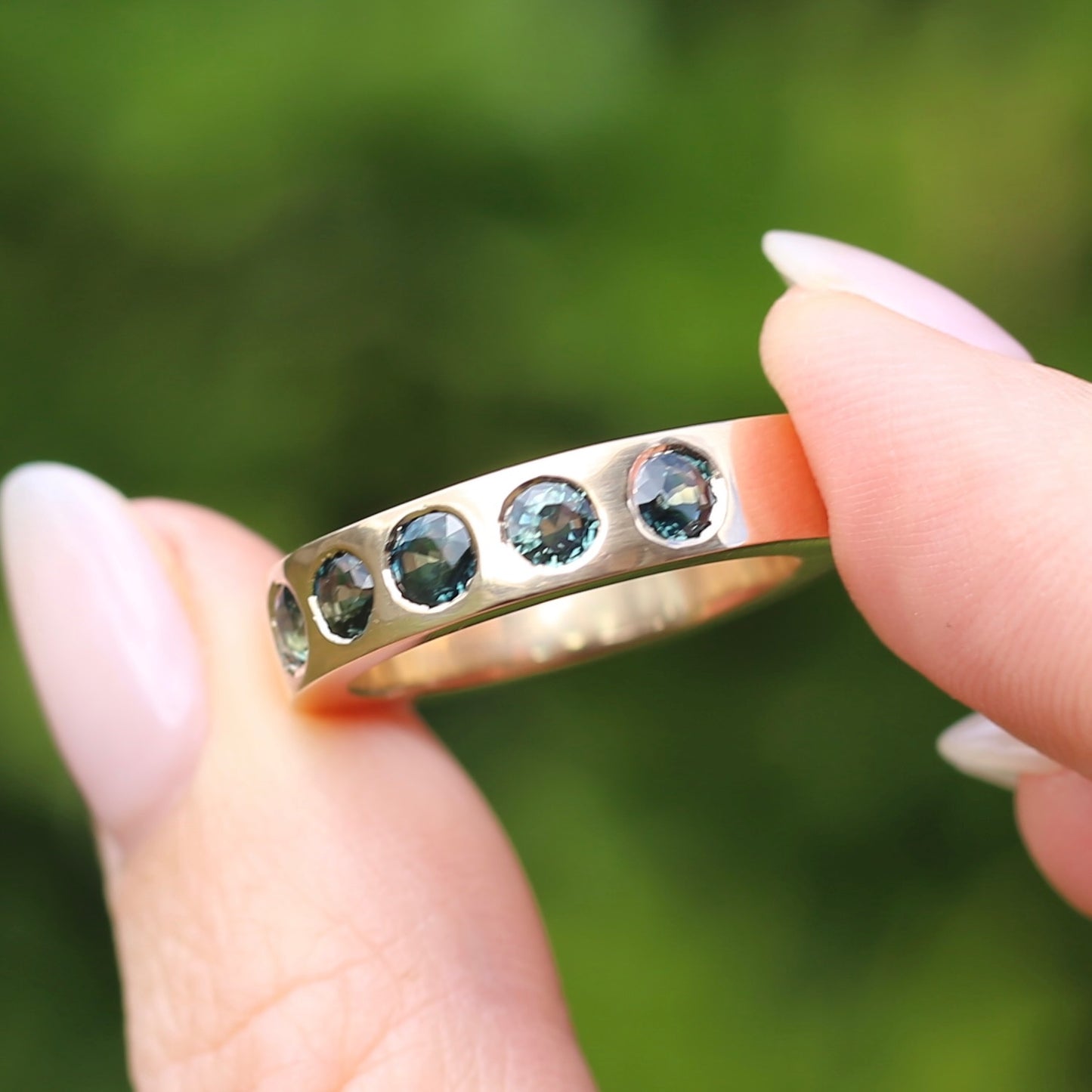 Custom Reclaimed Gold Chunky 9ct Rings with 4mm Parti Sapphires