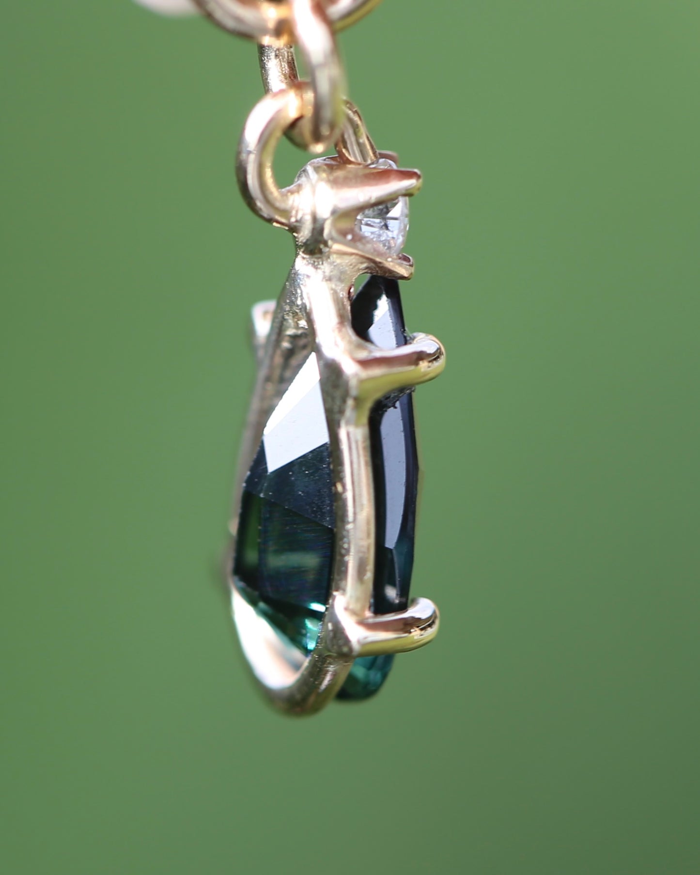 Pear Shaped Natural Teal Pear Sapphire and Diamond Pendant, 9ct Yellow Gold, 1.08g