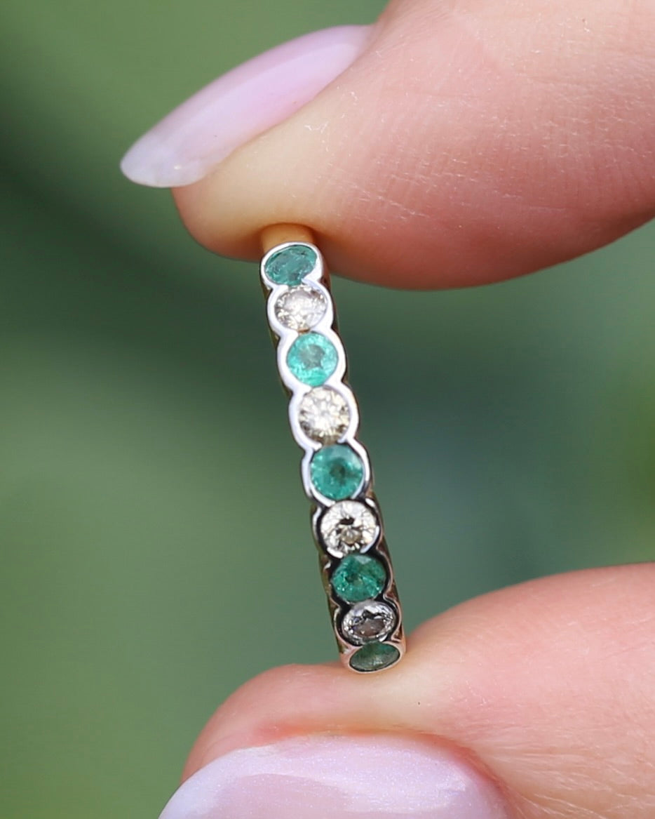 Natural Emerald and Diamond Half Hoop, 9ct Yellow and White Gold, size O or 7.25, 1.76g