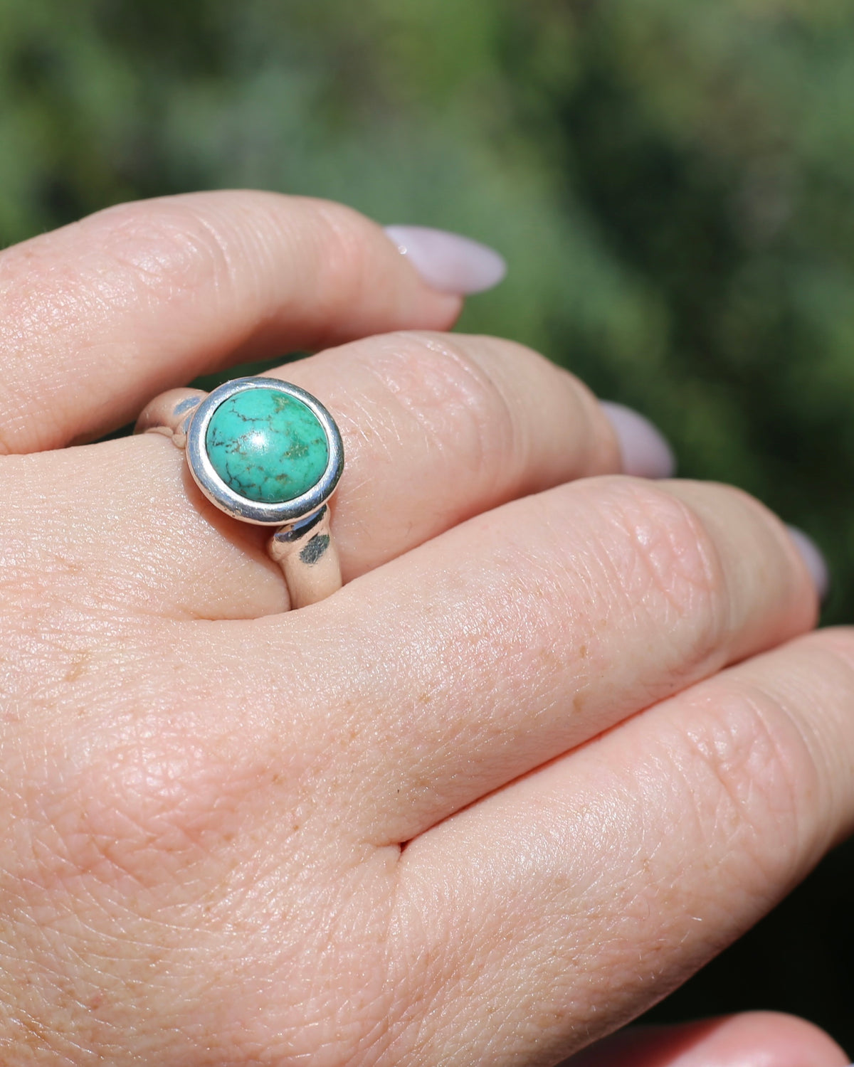 Natural Turquoise Cabochon Bezel Set Ring, Sterling Silver, size Q or just over 8, 7.3g