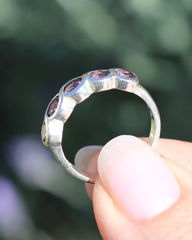 Five Stone Bezel Set Amethyst Silver Ring, Sterling Silver, size O or 7.25, 3.41g