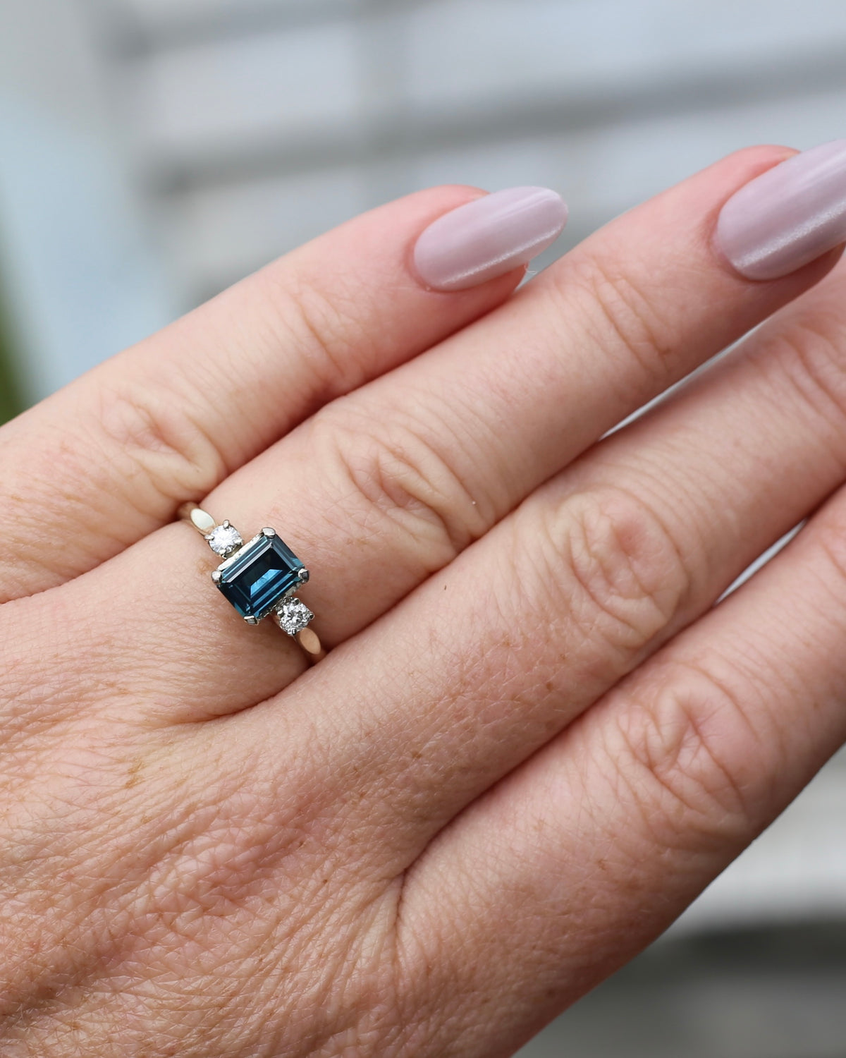 1.1ct Emerald Cut Natural Blue Teal Sapphire and Diamond Trilogy, 18ct White Gold and Platinum, size O or just over 7, 2.27g