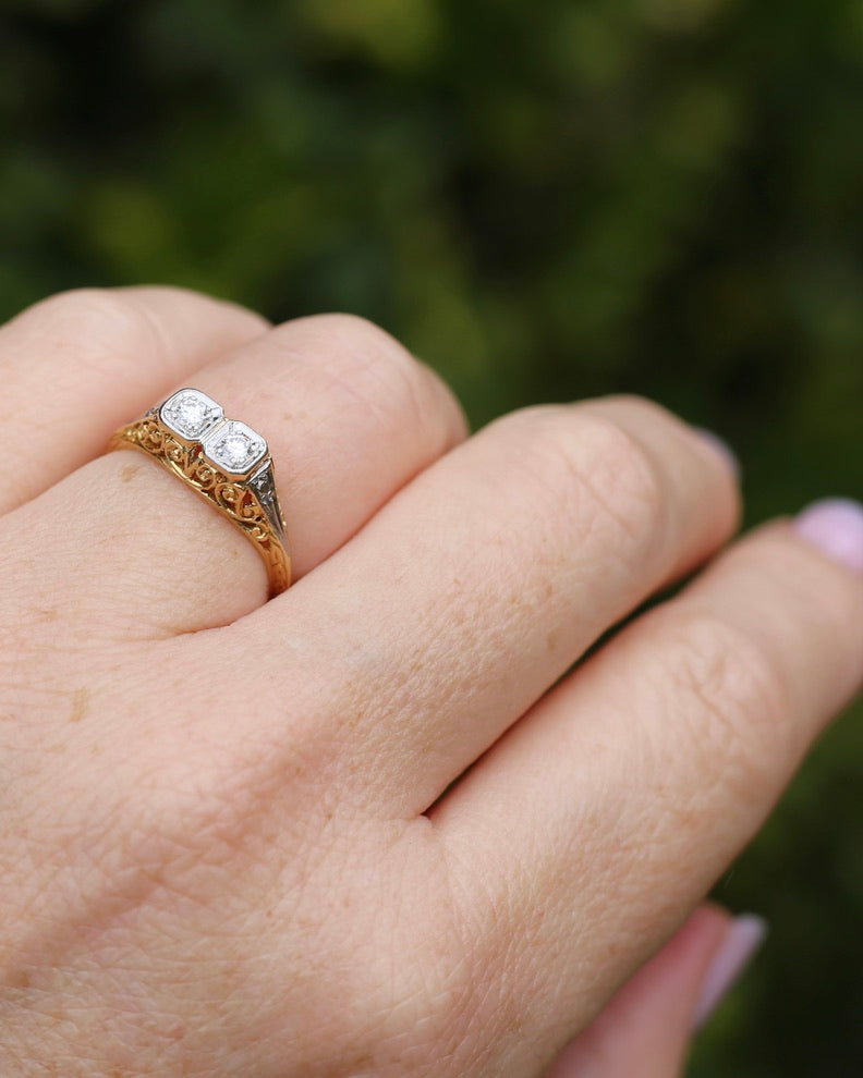 Circa 1910 Antique Toi Et Moi Transitional Cut Diamond Ring, 18ct Yellow Gold and Platinum, size N or just over 6.5, 2.42g, with valuation