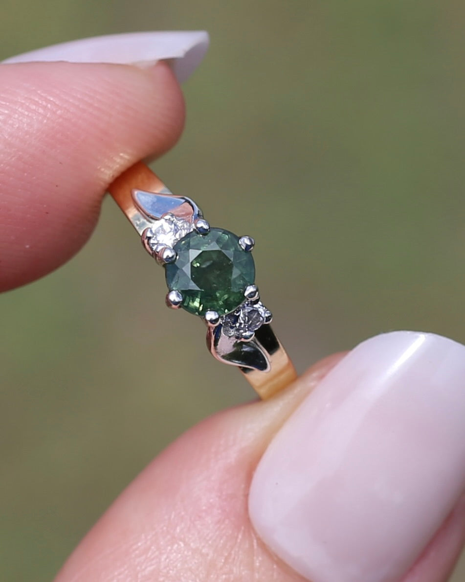 1ct Natural Green Sapphire Ring with White Spinel Side Stones, Silver and 9ct Yellow Gold, size M or 6.25, 2.1g