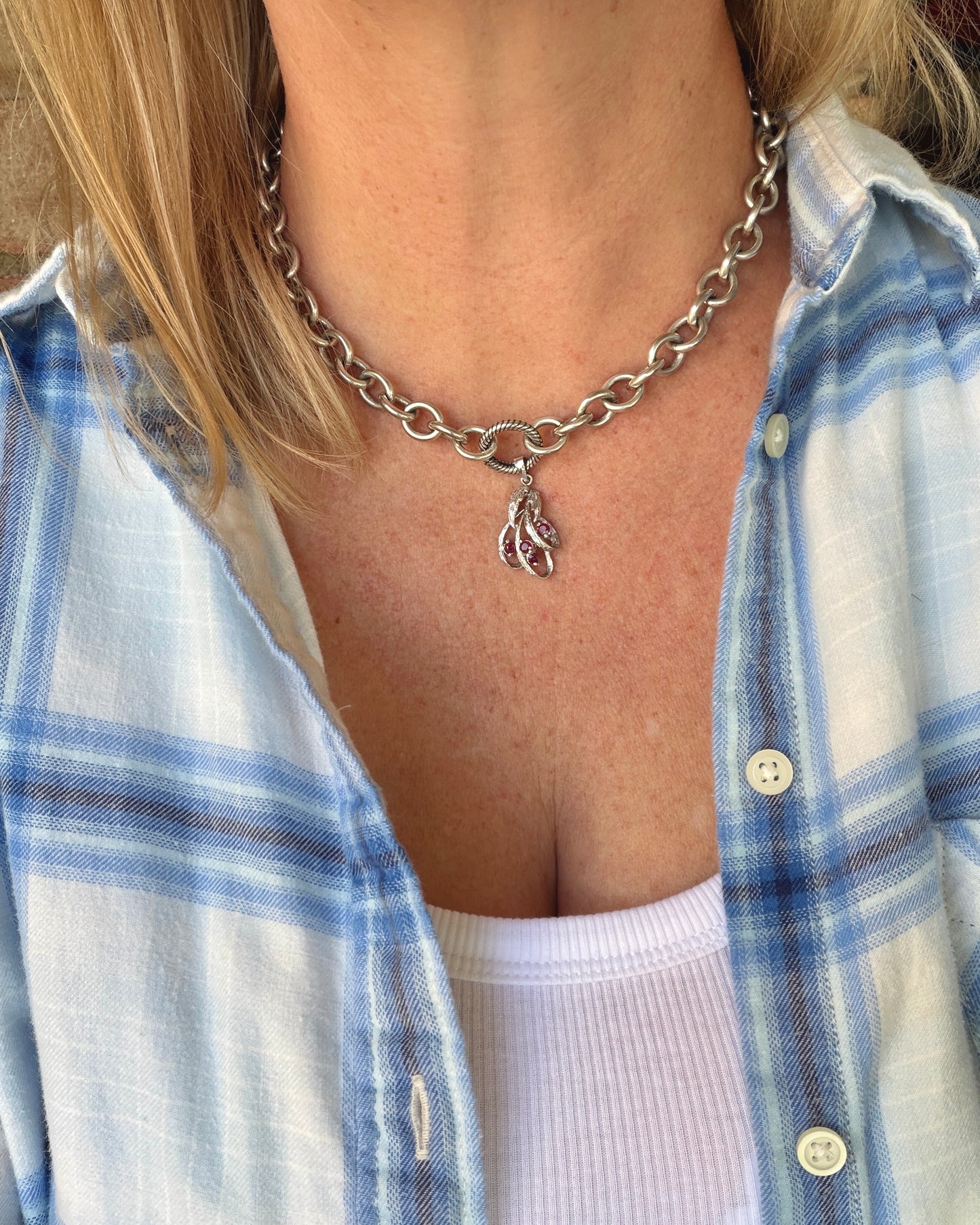 Vintage Chunky Oval Cable Chain with Textured Clasp, Sterling Silver, 42cm or 16.5inches, 50.7g