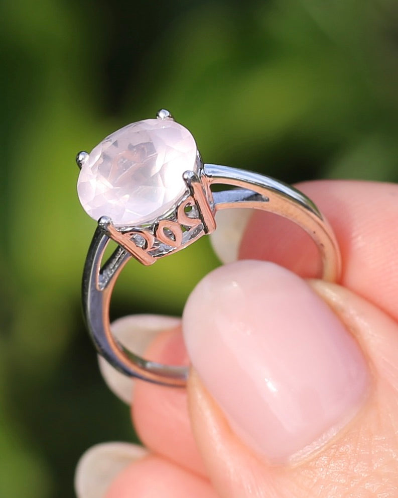 3.7ct Rose Quartz (10mm) Solitaire Ring, Sterling Silver, size O or 7.25, 3.57g