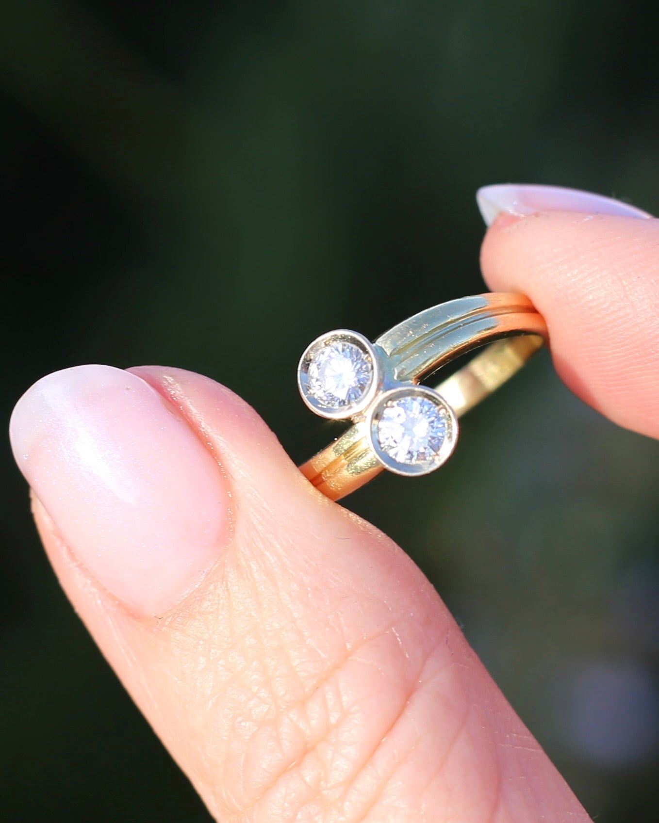 Vintage Toi Et Moi Two Stone Natural Diamond Ring, 18ct Yellow and White Gold Ring, size P1/2 or just over 7.75, 4.42g, with valuation