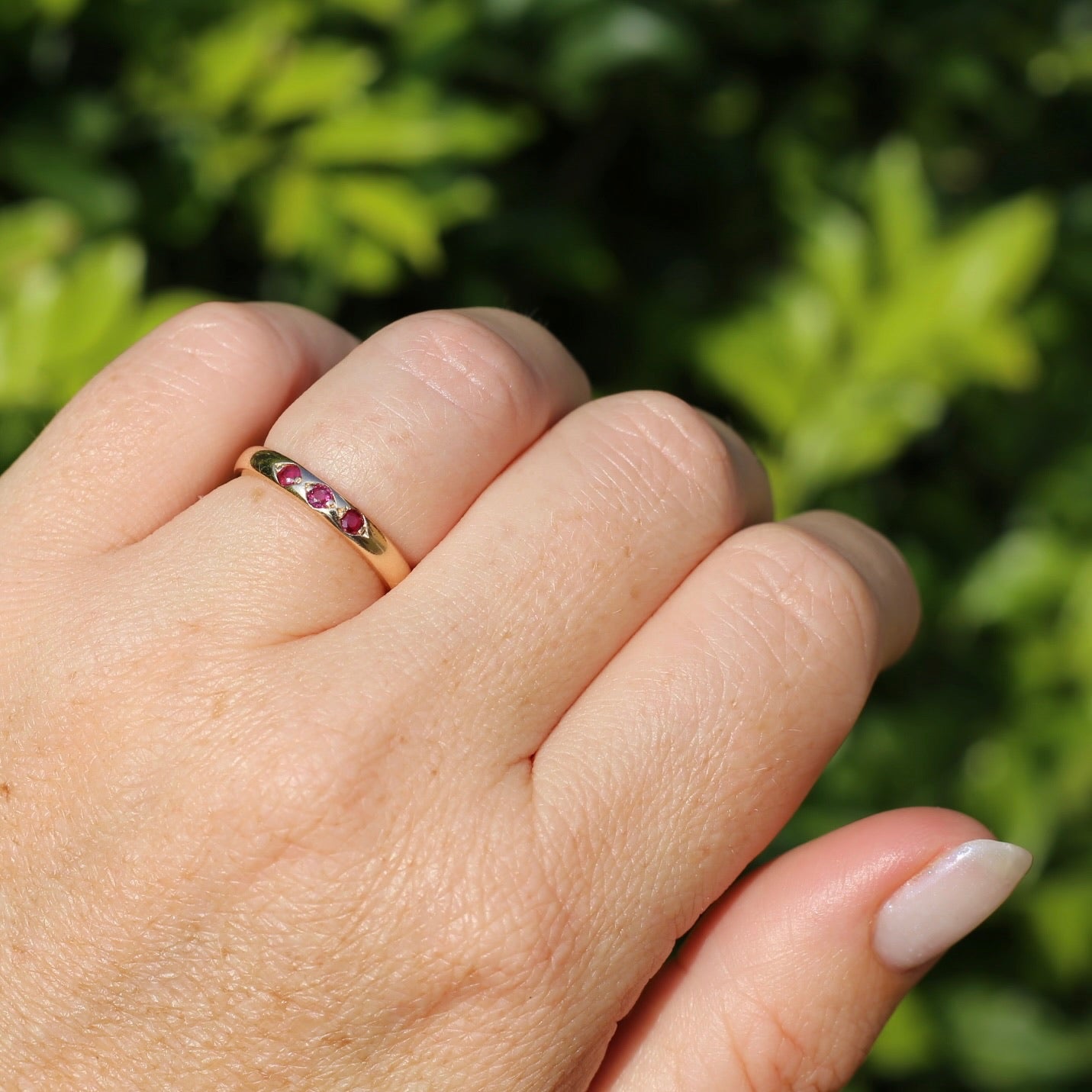 Grain Set Garnet Trilogy, 9ct Rosey Gold, size N or 6.75