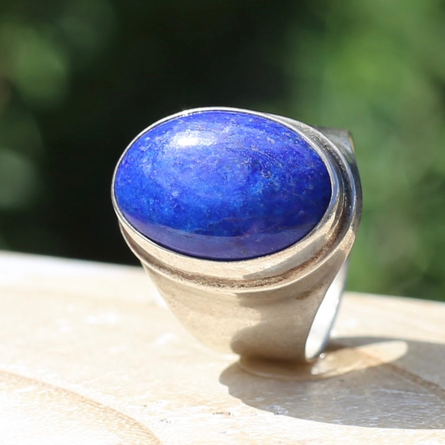 Large Lapis Cabochon in Silver Bezel Setting, size P1/2 or just under 8