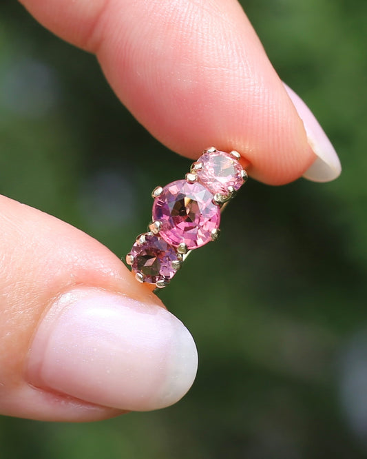 2.45ct Natural Pink Tourmaline Trilogy Ring, 9ct Yellow Gold, size K1/2 or 5.5, 2.50g