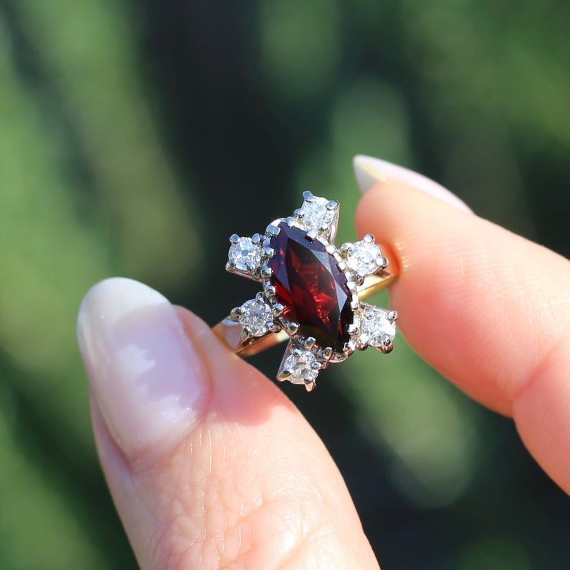 Viking feel Marquise Garnet With 6 Transitional Cut Diamonds, 18ct White and Yellow Gold, size N1/2 or 7