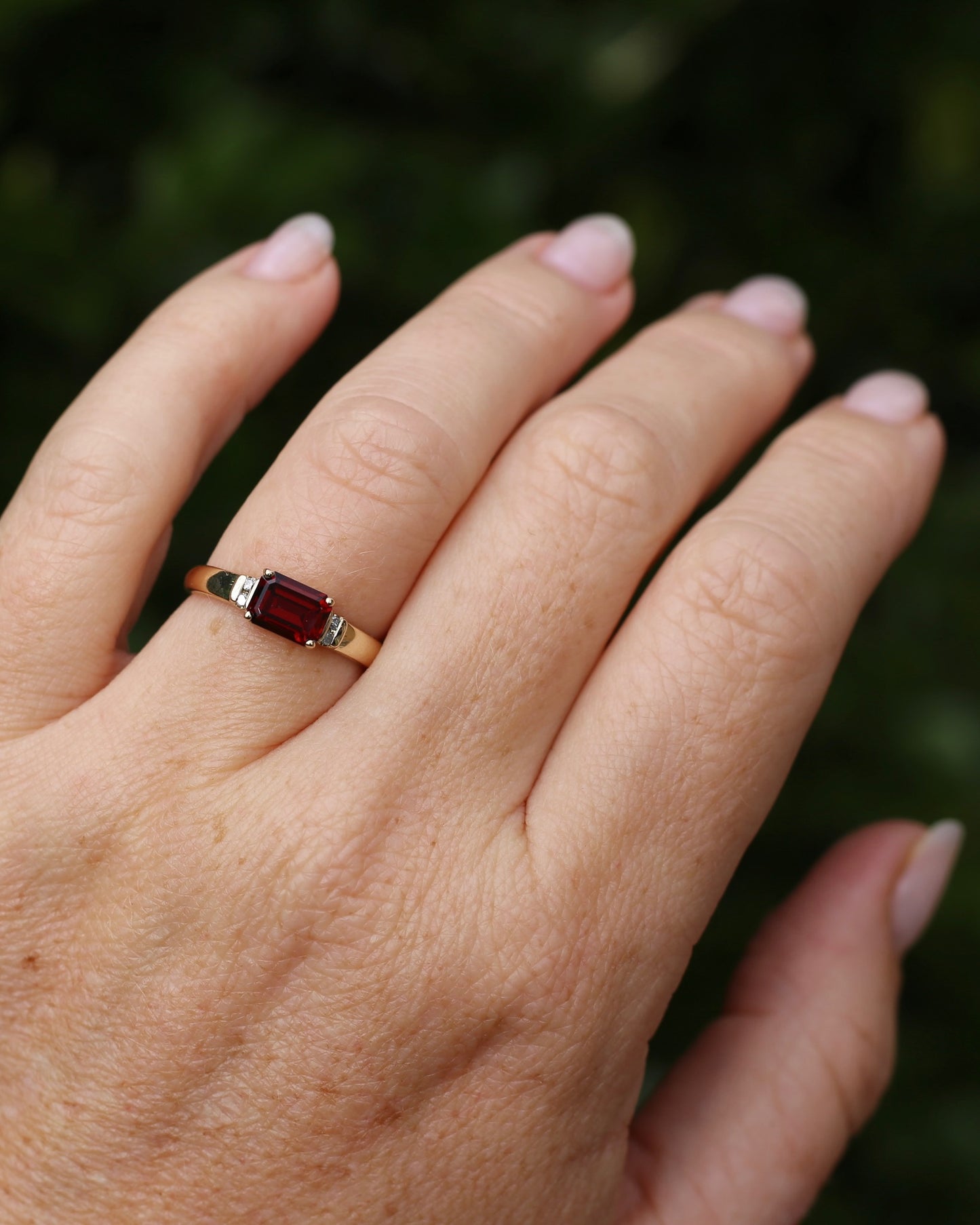 East African East West Set Emerald Cut Garnet and Diamond side stones, 9ct Yellow Gold, size P1/2 or 8