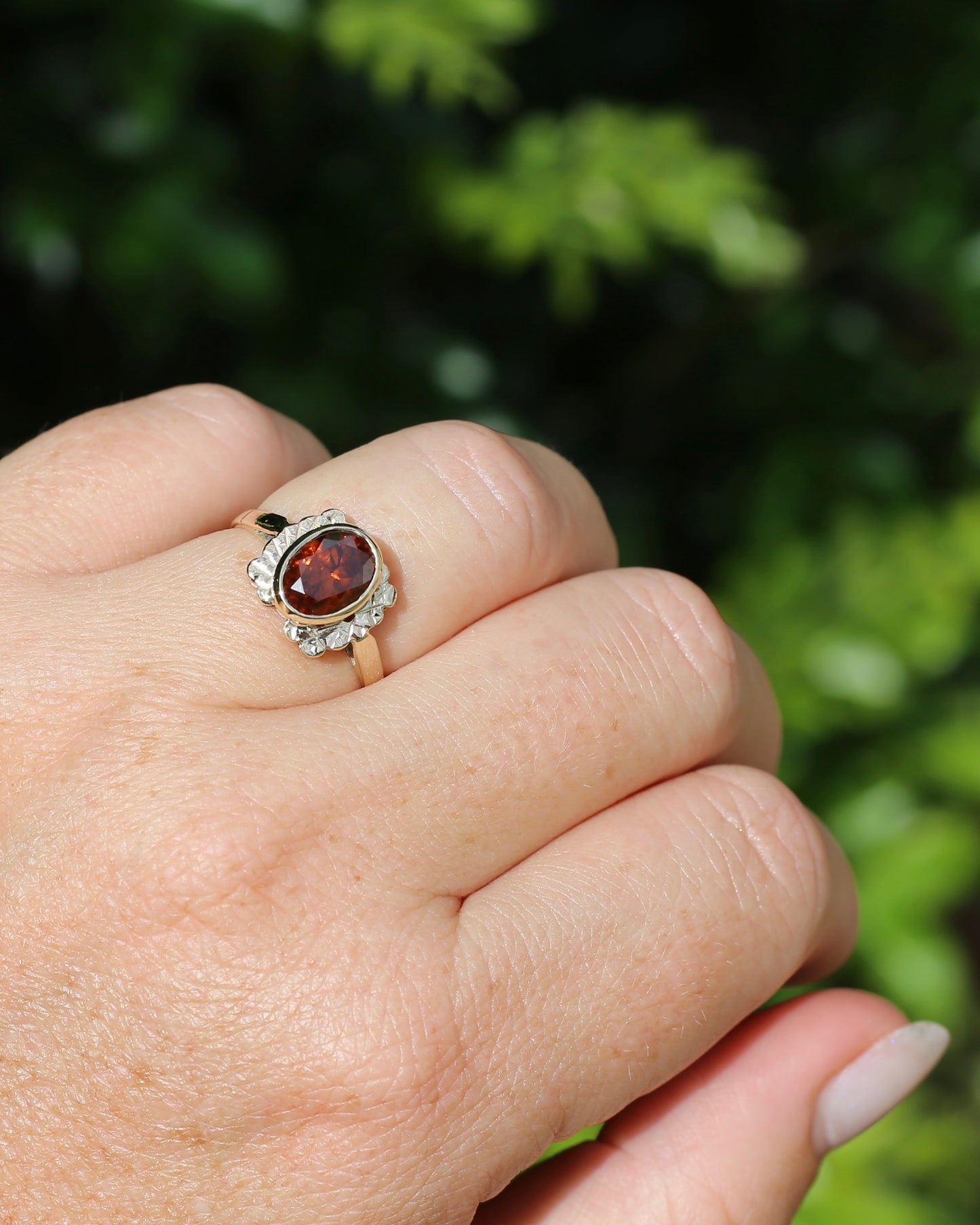 Custom Cut 3.54ct Oval Whiskey Brown Zircon, Bezel Set, 9ct Yellow Gold Birmingham Made 1994 Ring, size P or 7.75