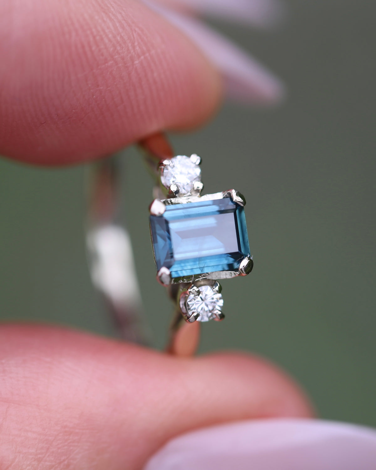 1.1ct Emerald Cut Natural Blue Teal Sapphire and Diamond Trilogy, 18ct White Gold and Platinum, size O or just over 7, 2.27g