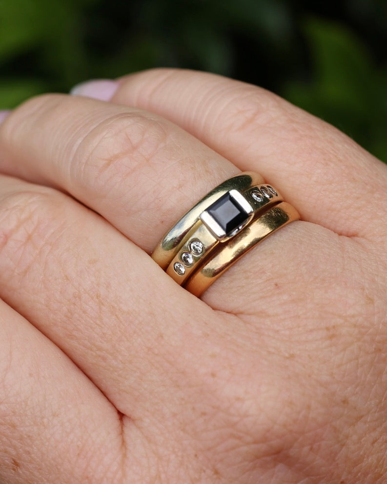 Vintage Chunky East West Set Sapphire and Flush Set Diamonds, 9ct Yellow and White Gold, size 9 or S