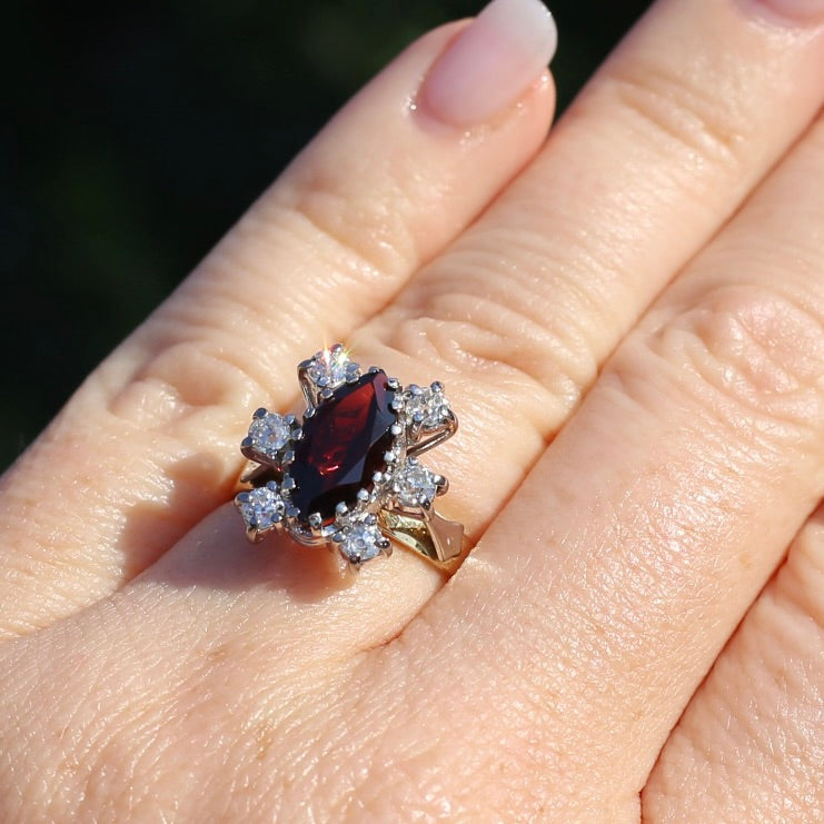 Viking feel Marquise Garnet With 6 Transitional Cut Diamonds, 18ct White and Yellow Gold, size N1/2 or 7