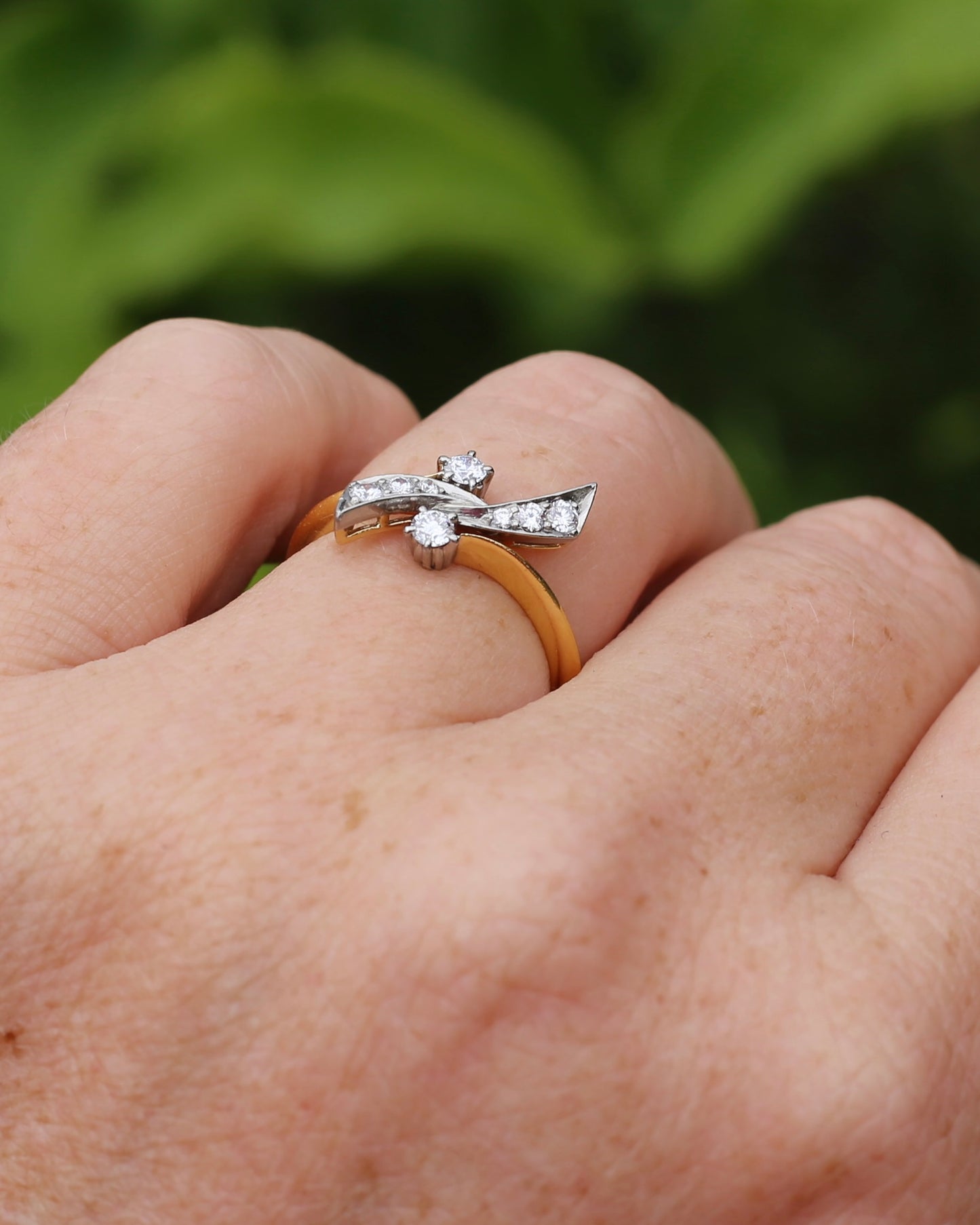 Antique Circa 1910 "Belle Epoque Toi et Moi" Asymmetric Diamond Bow Ring, 18ct Yellow Gold and Platinum, size L1/2 or 6, 3.62g