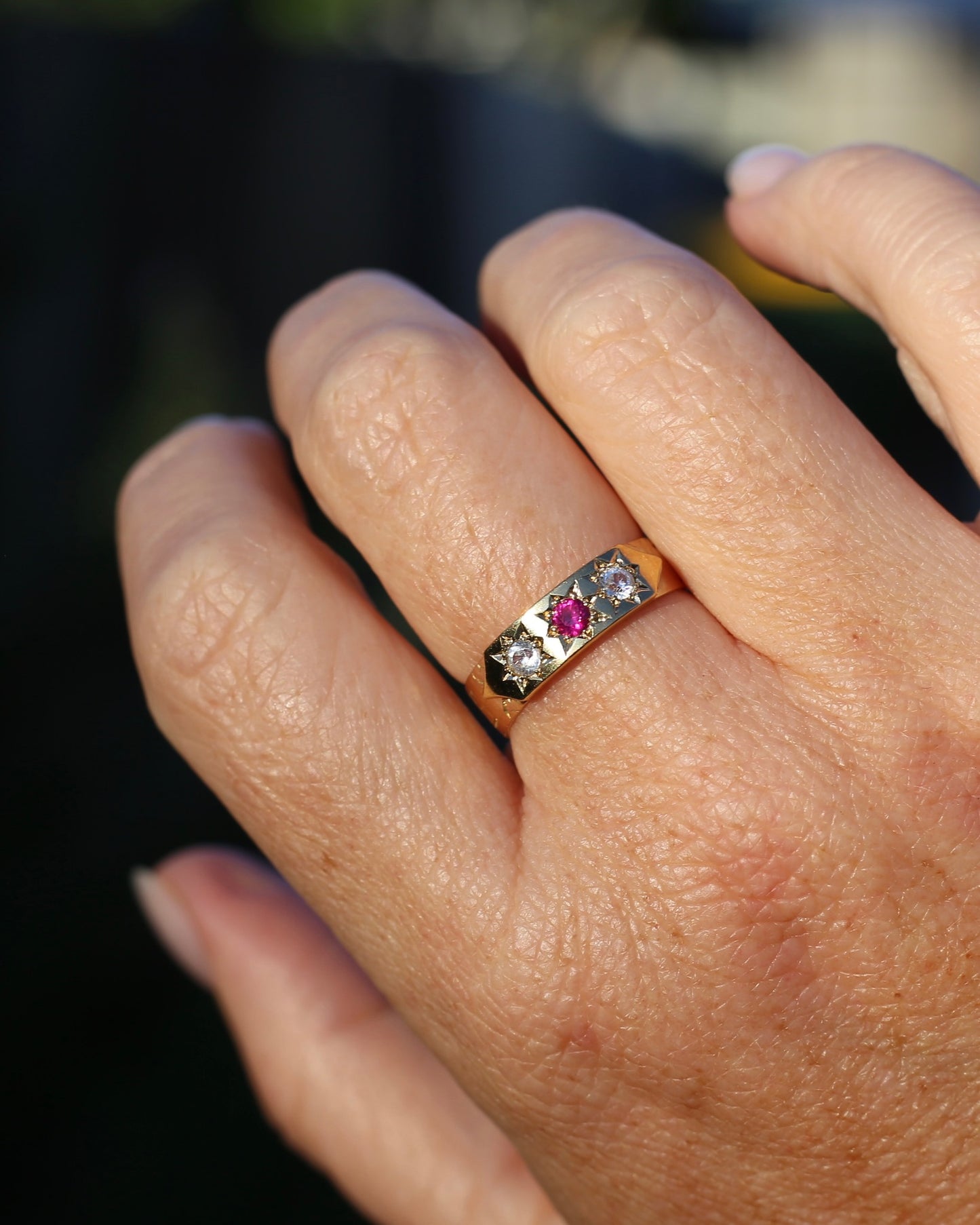 1873 15ct Band with 18ct Trilogy Old Cut Star Set Addition, 15 & 18ct Gold, size R1/2 or 8.75 (fits slightly smaller)