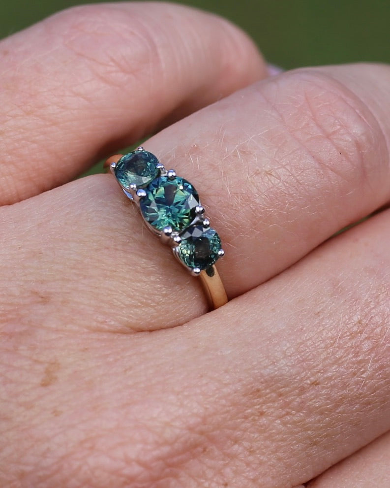 2.14ct Parti Sapphire Trilogy Ring, 14ct White and Yellow Gold, size N1/2 or 7, 2.64g