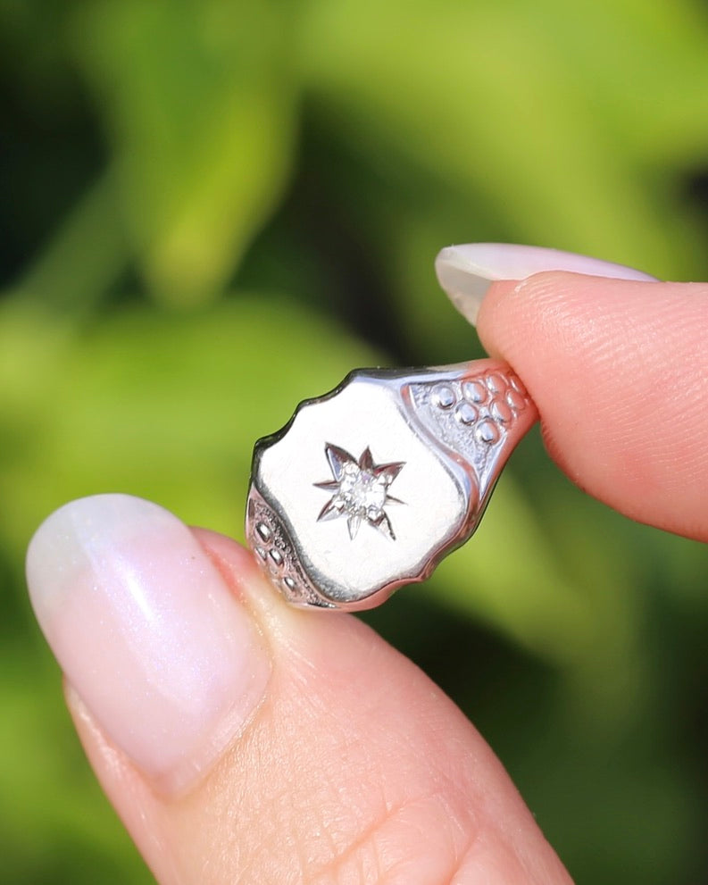 Vintage Shield Signet With Old Cut Diamond, 18ct White Gold, size N or just over 6.5 (fits more like an L1/2-M due to width), 6.86g