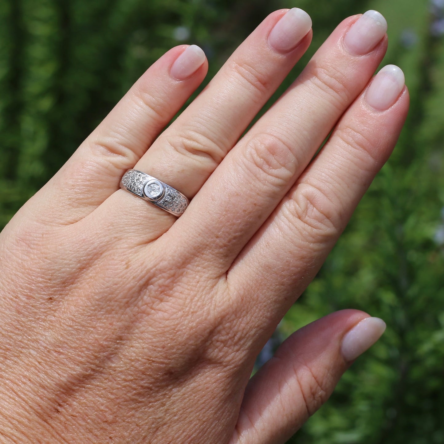 Bezel Set Old European Cut Diamond, in Pavé Setting of Diamonds, Chunky Platinum, size Q or 8 (fits more like an O1/2 - P), with valuation