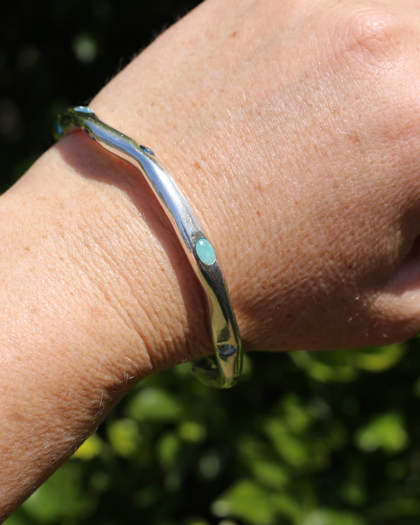 Irregular Handmade Chunky Sterling Silver Bangle with Sapphires and Topaz, 42.6g