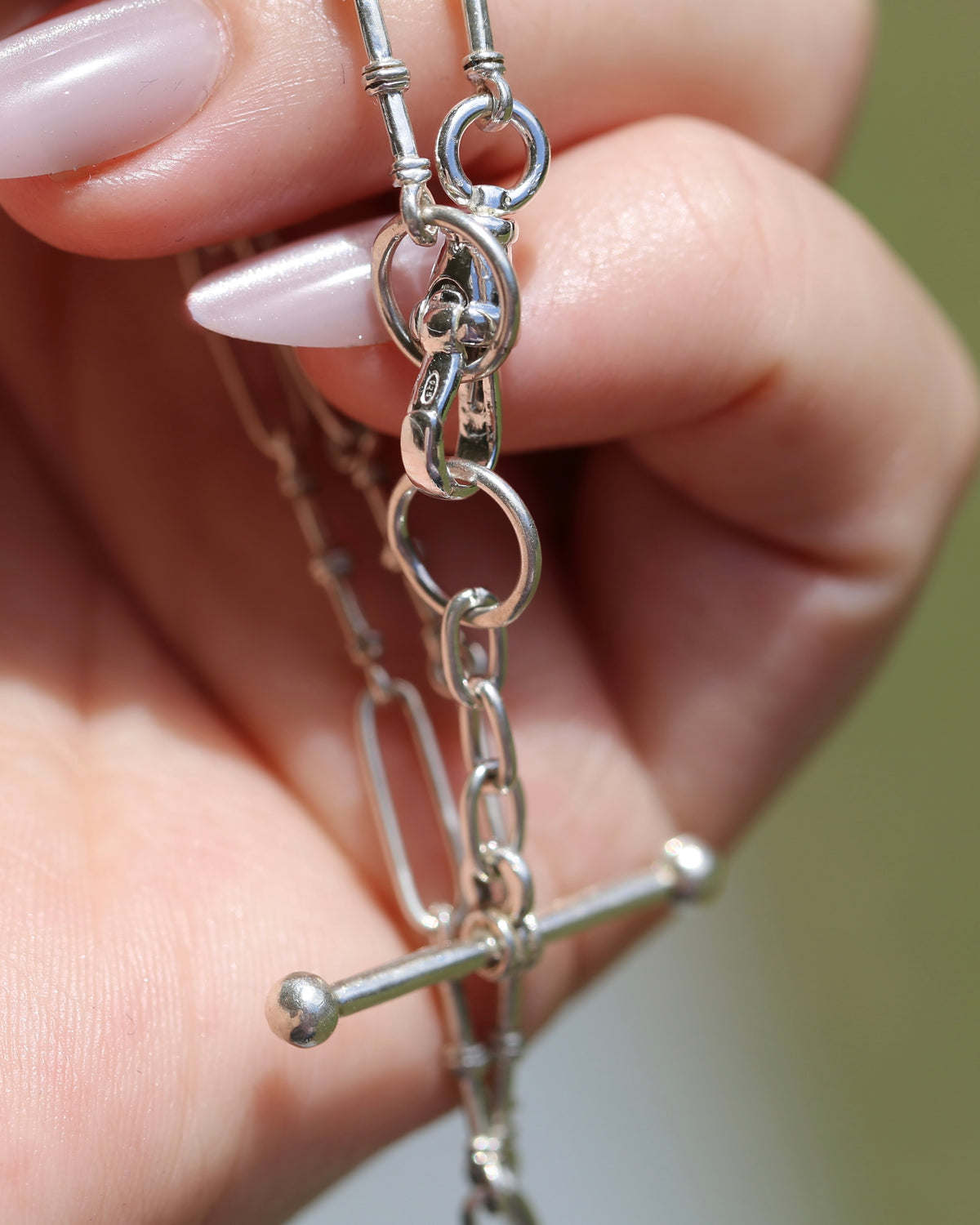 Delicate Trombone and Fancy Link Necklace with Albert Clasp and Detachable T-bar, Sterling Silver, 46cm or just over 18 inches, 10.83g