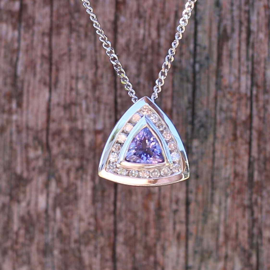 Trillion cut Tanzanite and Diamond Pendant, 14ct White Gold, with 9ct White Gold Chain