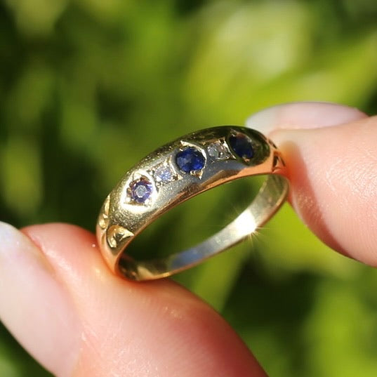 1897 Old Cut Sapphire and Diamond Five Stone Ring, 18ct Yellow Gold, size O or 7.25