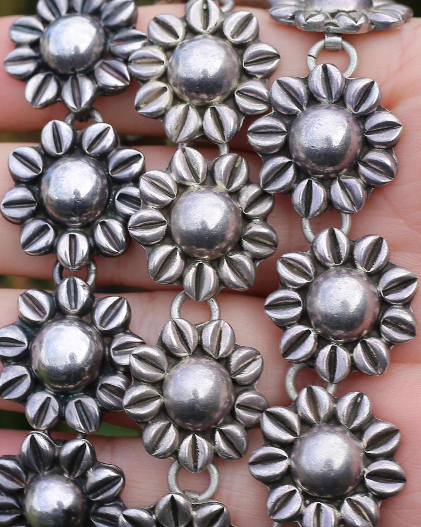 Chunky Vintage Mexican Silver Daisy/ Sunflower Bracelet, Sterling Silver, 18.5cm or 7.25 inches, 44.52g