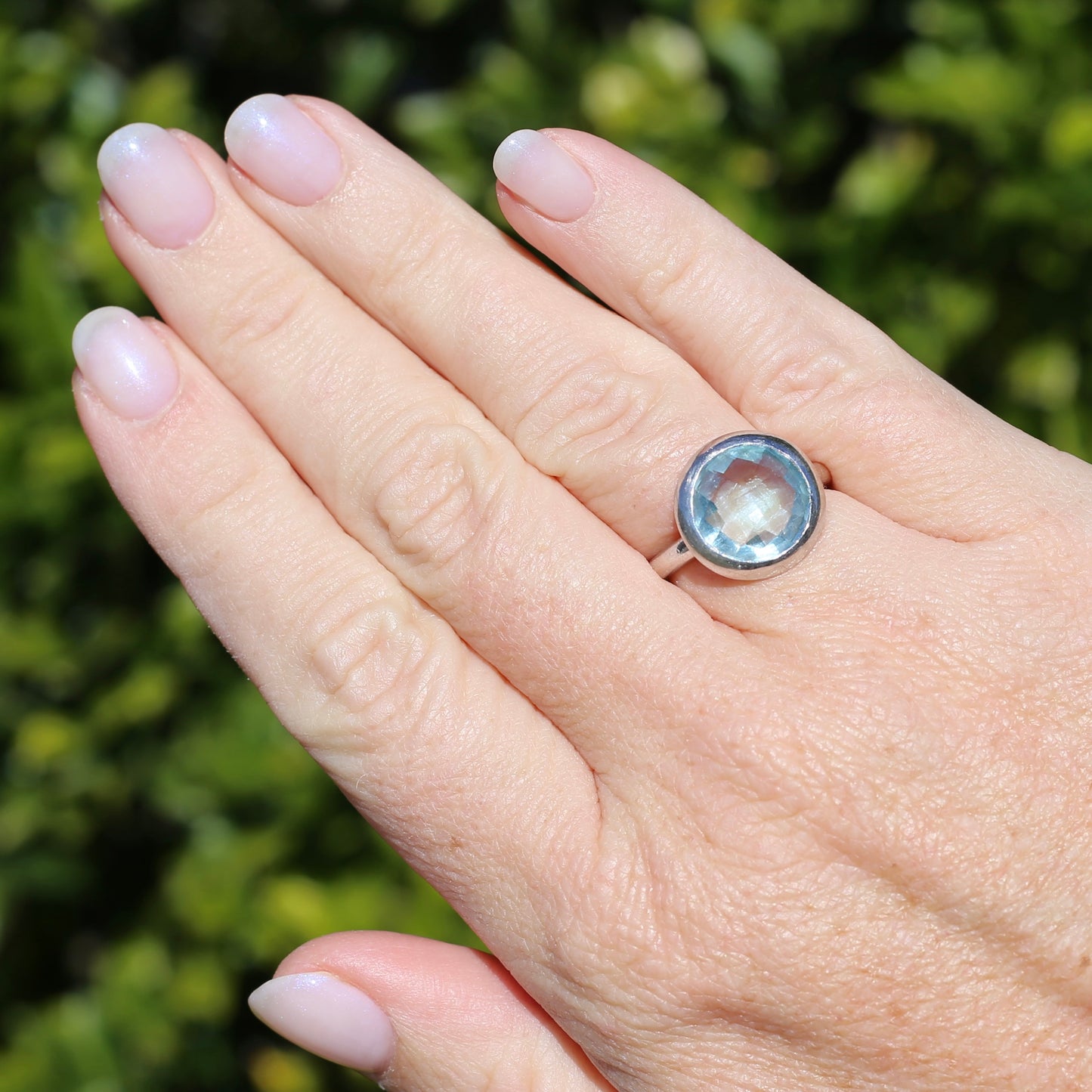 Bezel Set Harlequin Cut Blue Topaz Ring, Sterling Silver, size O or 7.25 (fits bigger)