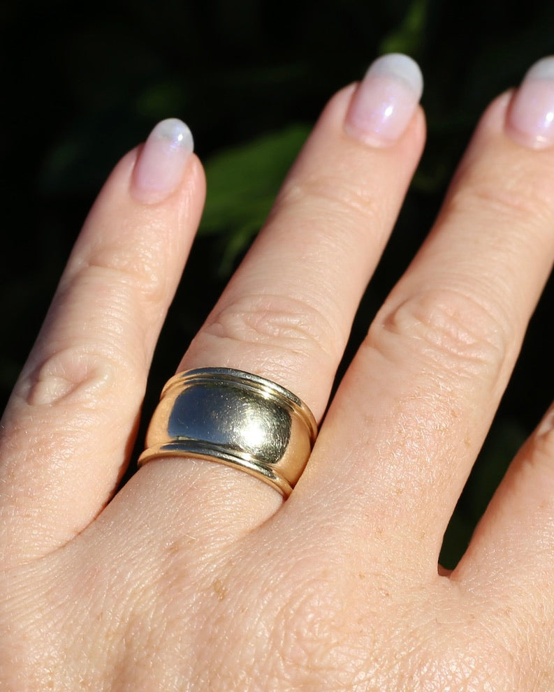 Chunky 12.8mm Domed Ring, 9ct Yellow Gold, size P1/2 or 8 (fits more like O1/2), 5.66g