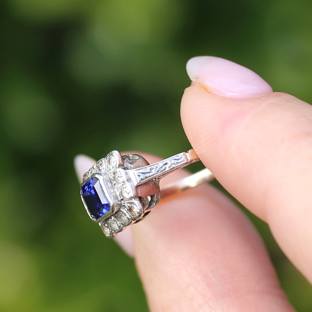 1930s Mixed Metal, Sapphire and White Spinel Halo Ring, 9ct Yellow and White Gold, size J1/2 or 5