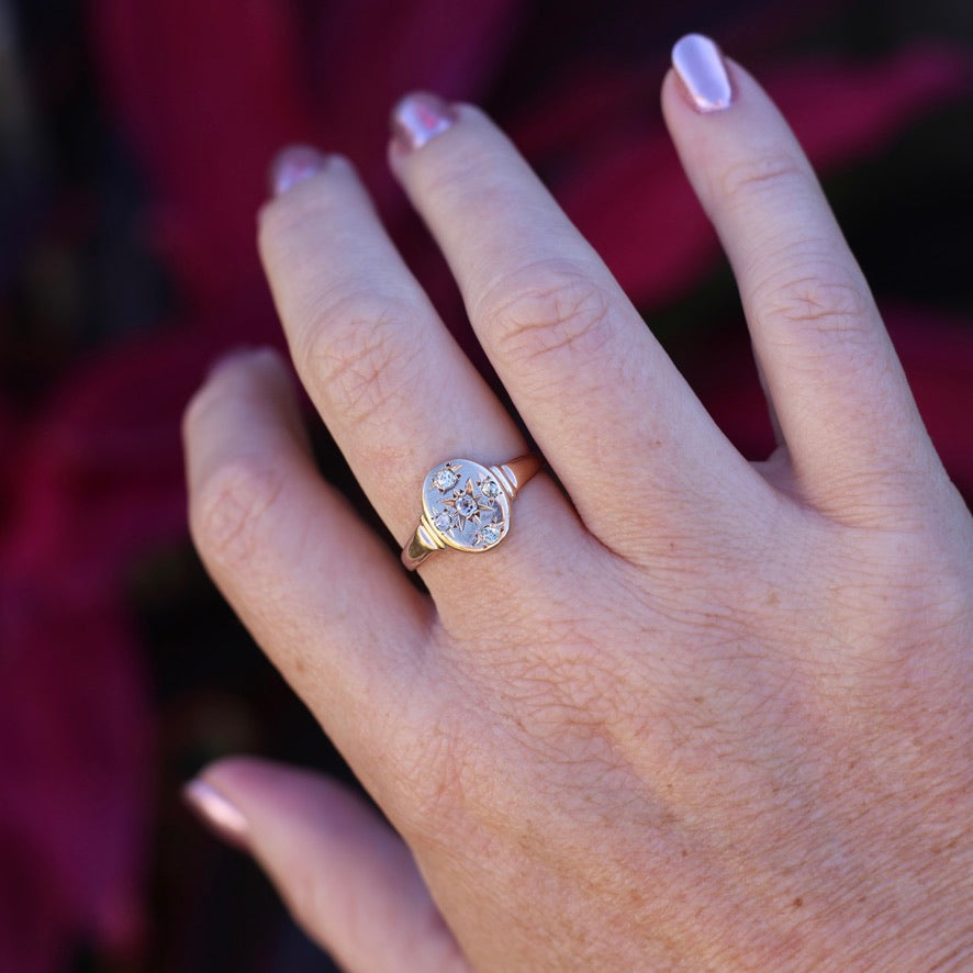 Early Australian Joseph Lawrence Signet Ring, Star Set with 5 Old Cut Diamonds, size T or 9.5