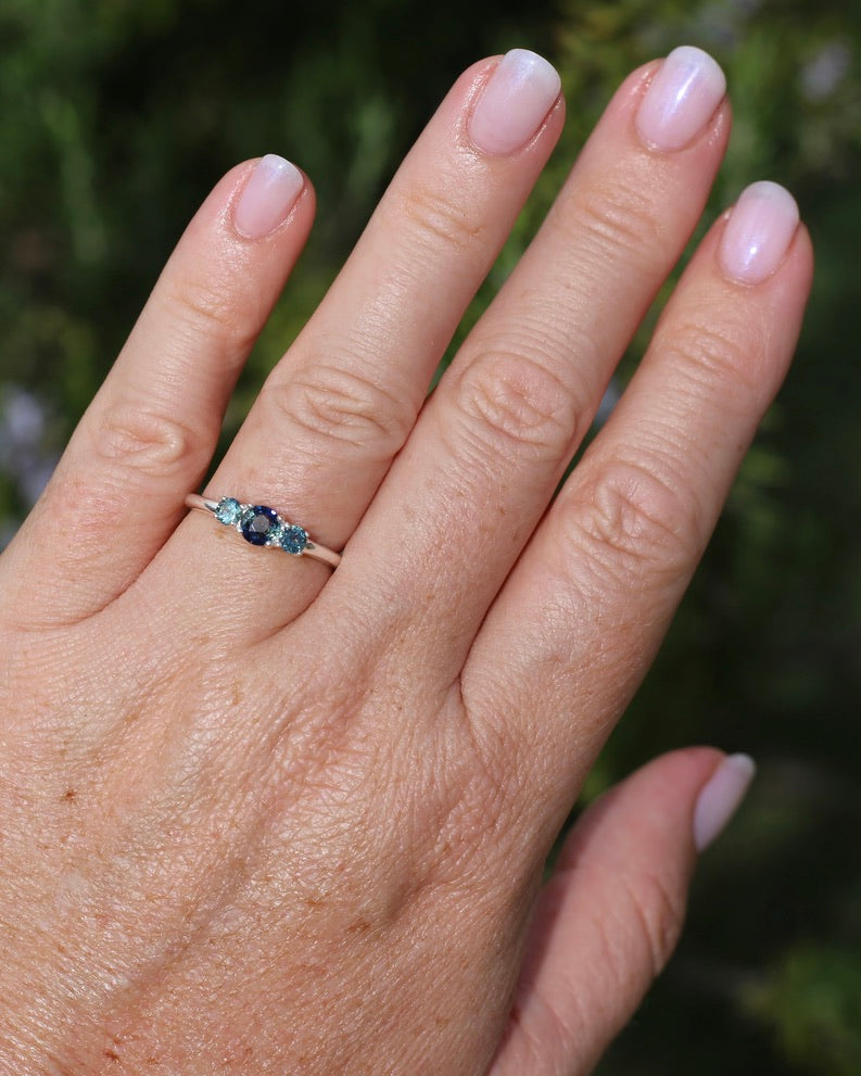 0.85ct Natural Parti Sapphire Trilogy Ring, Sterling Silver, size Q or 8.25, 1.98g